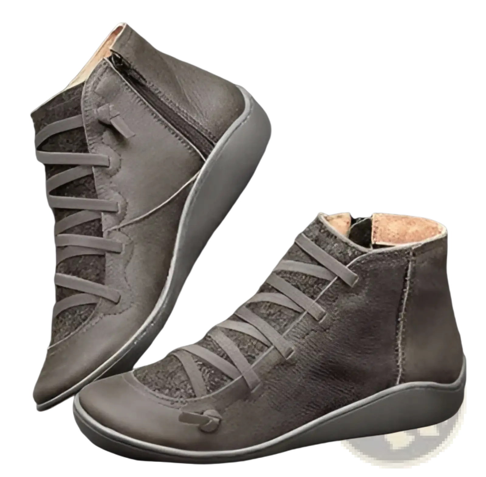 Gray leather snake print wedge ankle boots for women with lace-up design and soft rubber sole