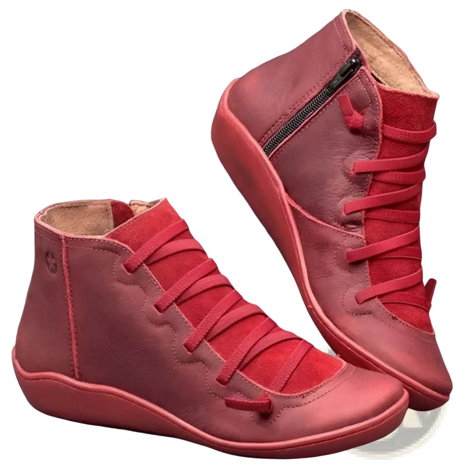 Red suede high-top sneakers with darker red zipper and laces featured as snake print wedge ankle boots for women