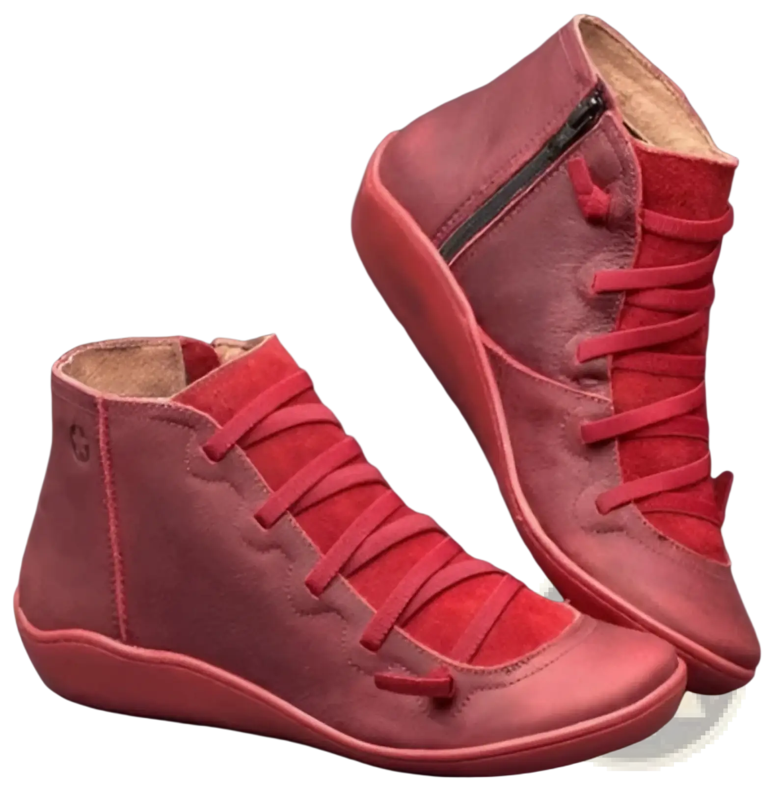 Red suede ankle boots with matching laces and inner side zipper for women featuring snake print wedge heels