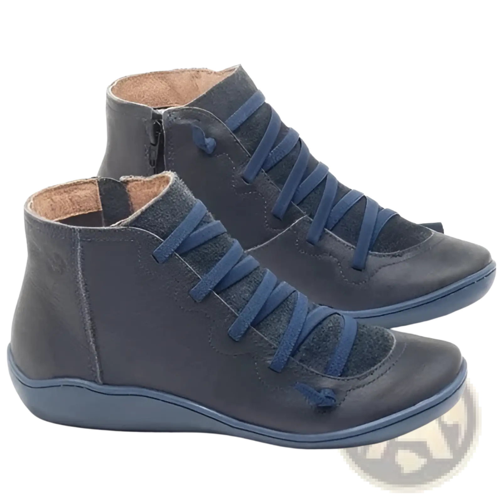 Dark blue suede and leather high-top wedge ankle boots for women with matching laces and snake print details