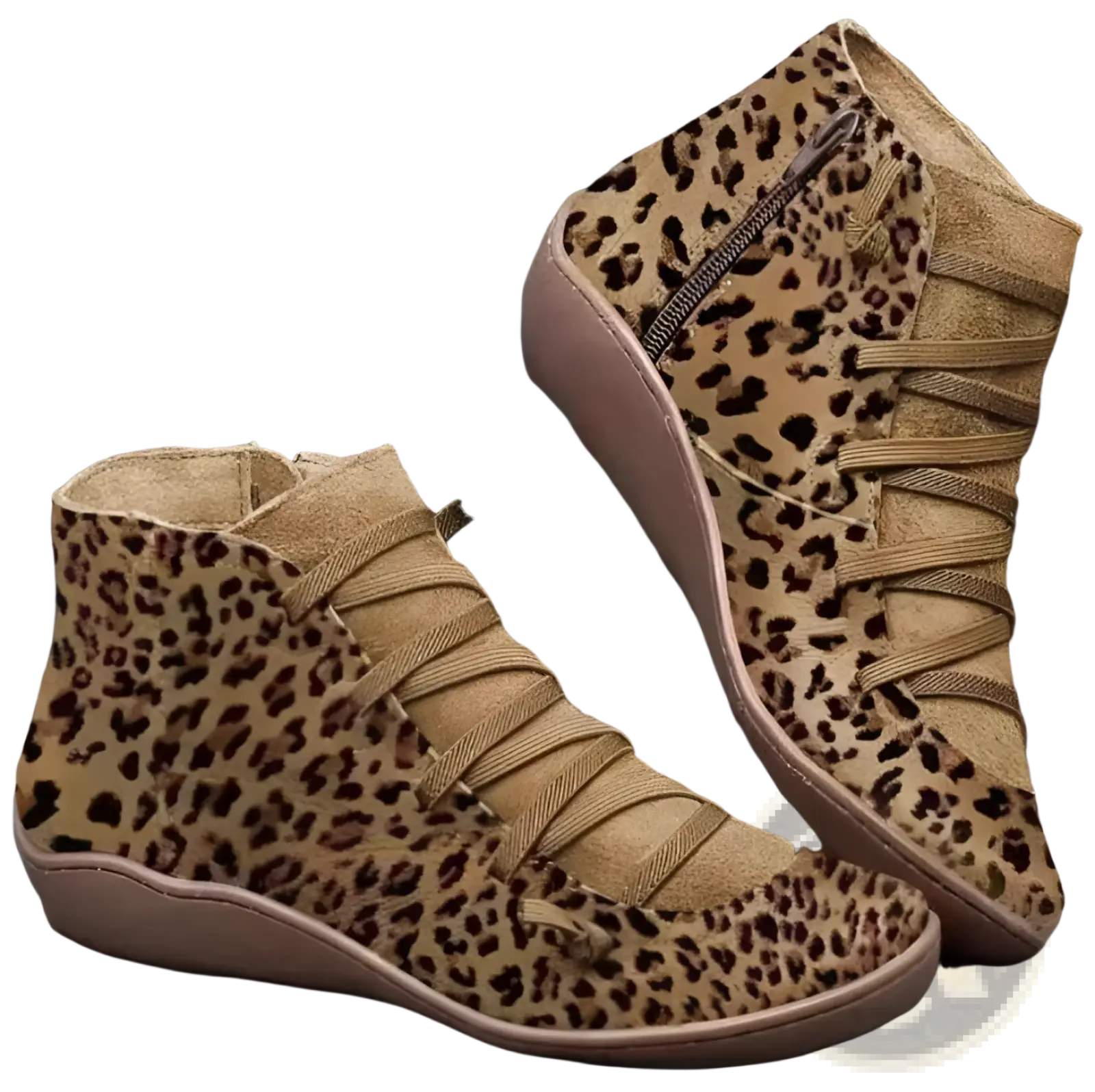 Tan and brown leopard-print suede wedge ankle boots for women with crisscross laces