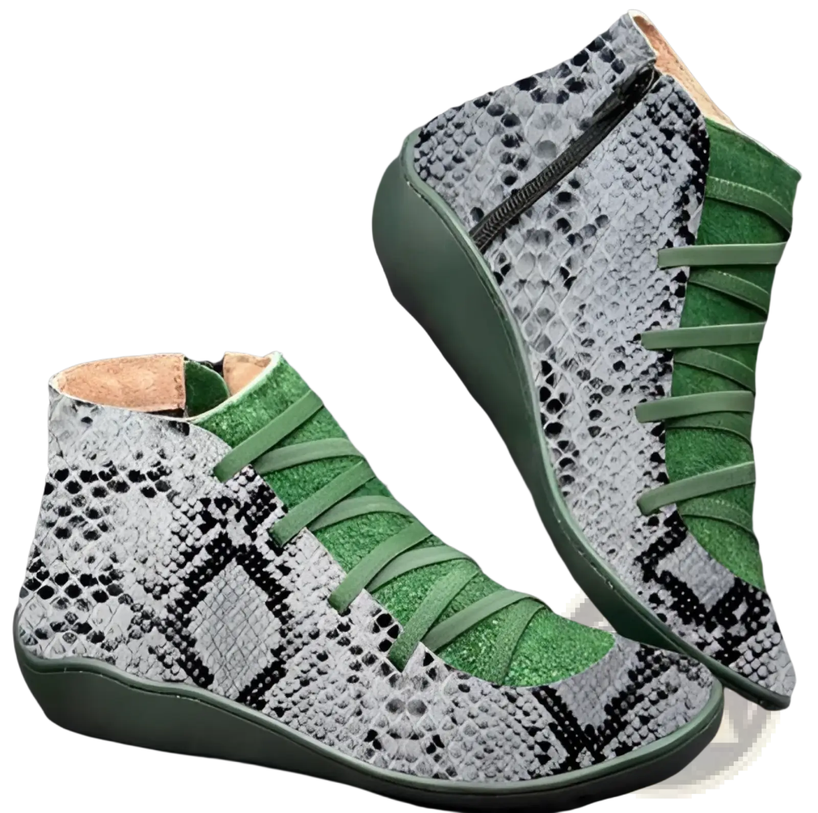 Green and gray snake print wedge ankle boots for women with suede laces and snake print pattern