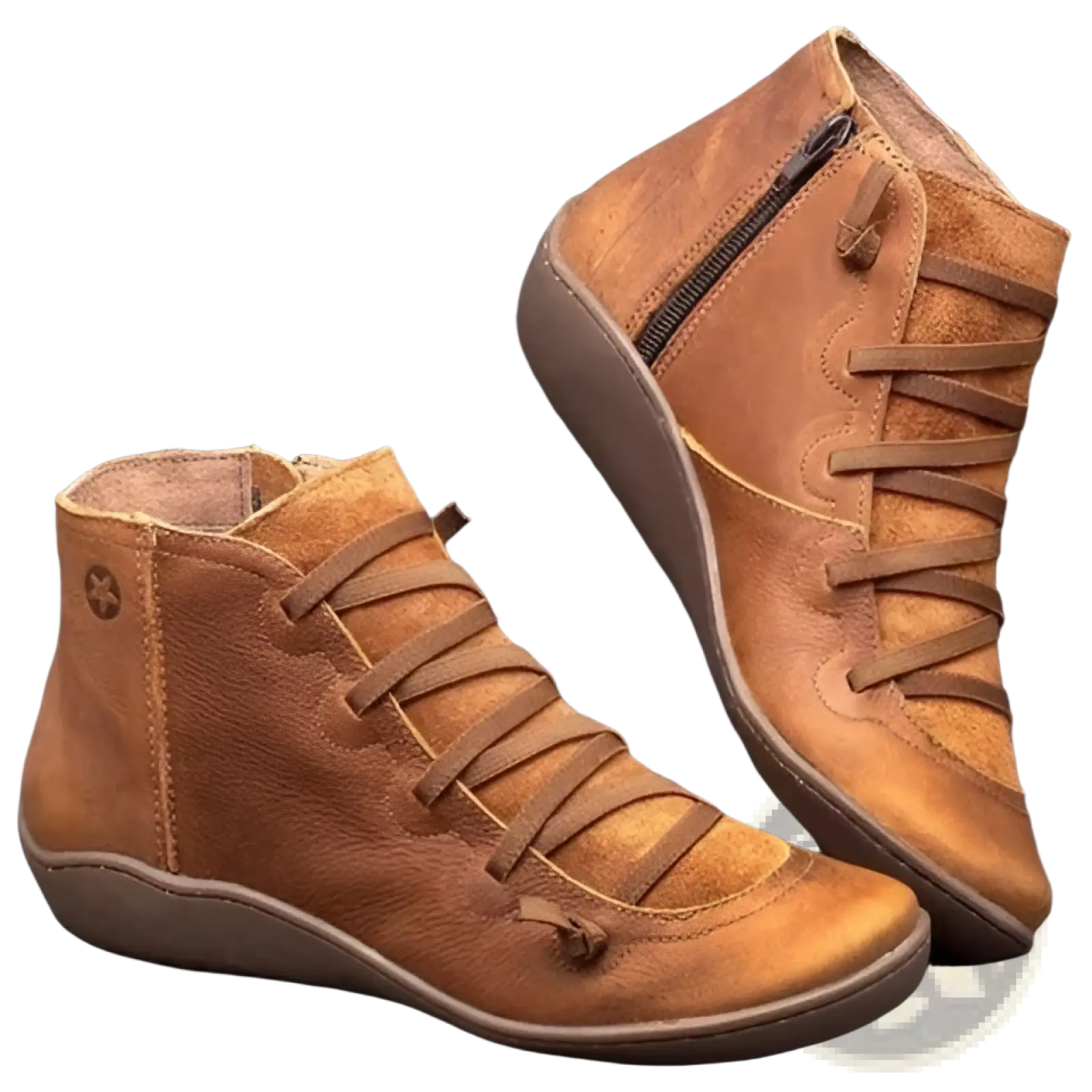 Snake print wedge ankle boots for women in tan leather with inner side zipper and front cross laces