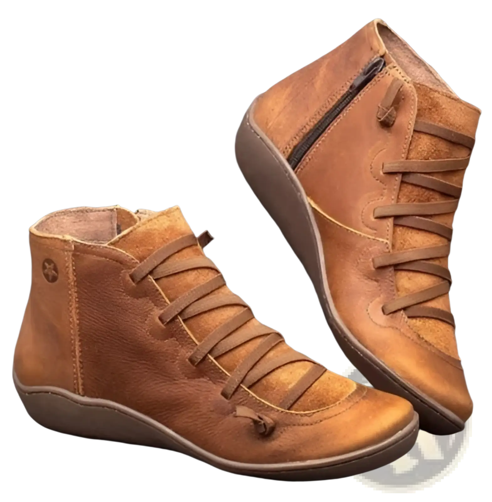 Snake print wedge ankle boots for women in tan leather with inner zipper and laces threaded through eyelets