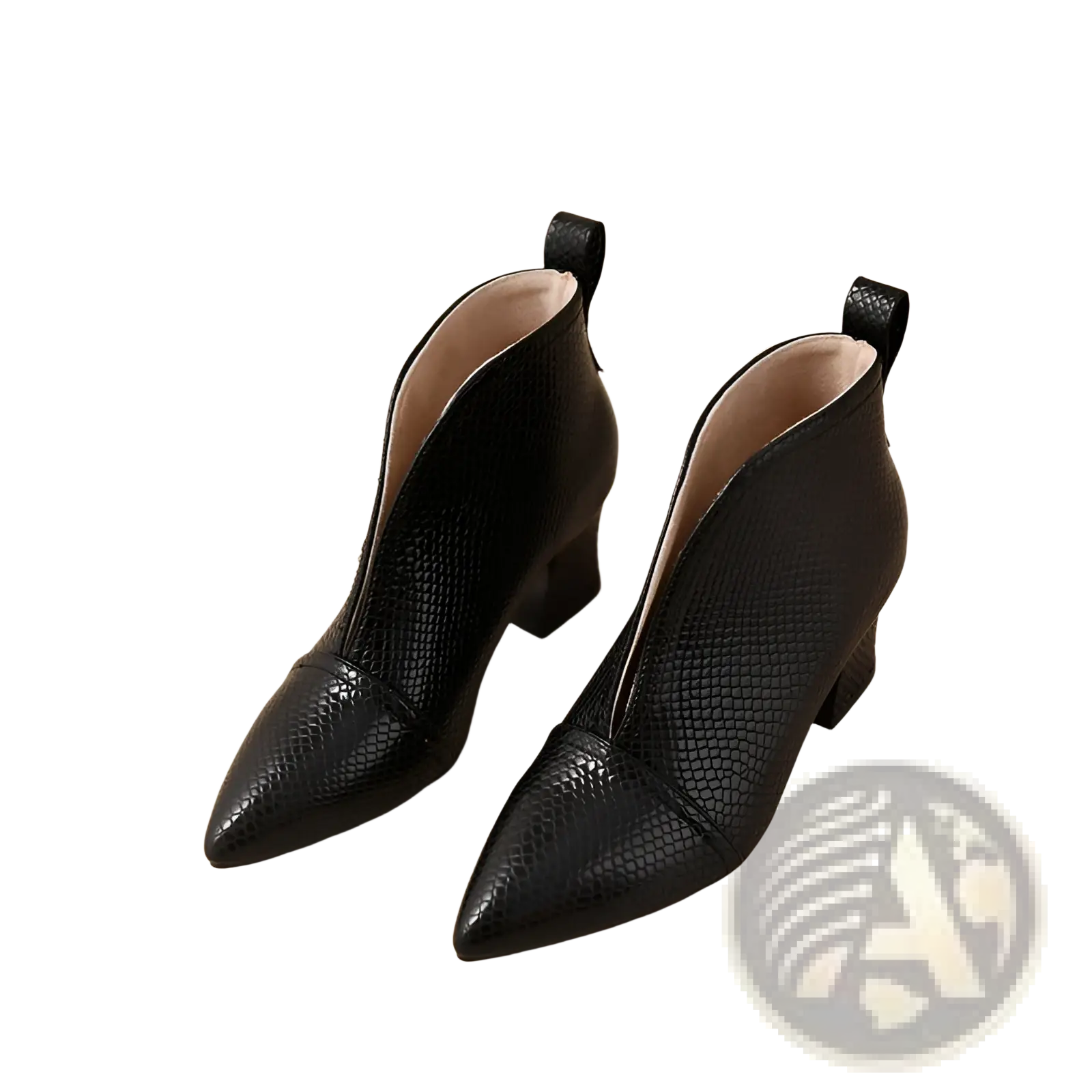 Black snakeskin ankle boots with v cut pointed toe and low block heel in a sleek elegant design