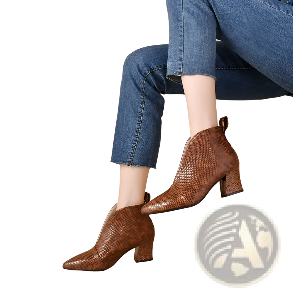 Brown snakeskin-patterned ankle boots with v cut pointed toe and chunky heel shown from the back side