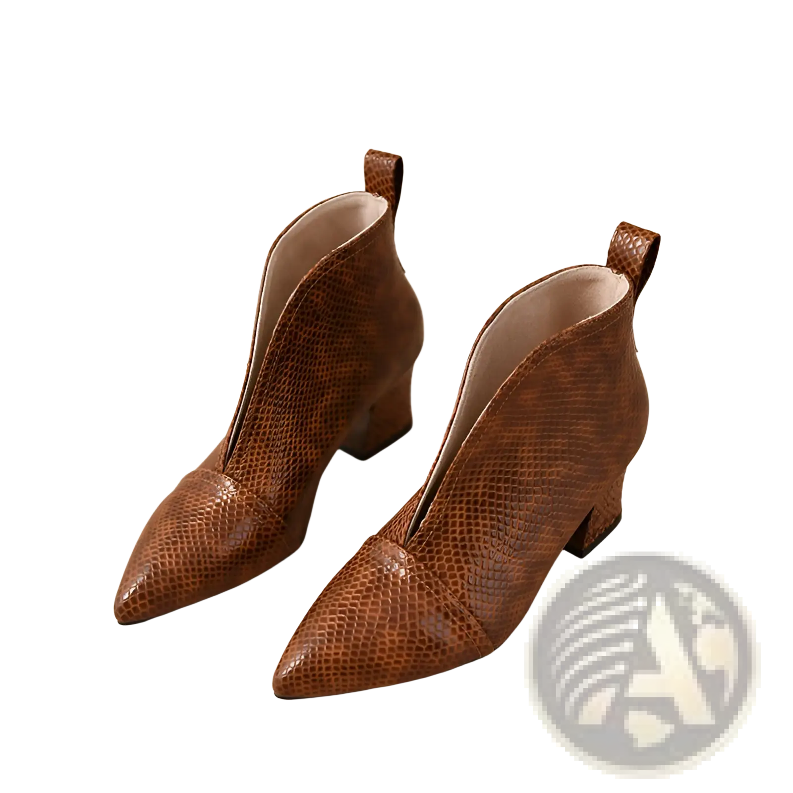 Brown snakeskin ankle boots with v cut, pointed toe, and block heel designed for stylish wear