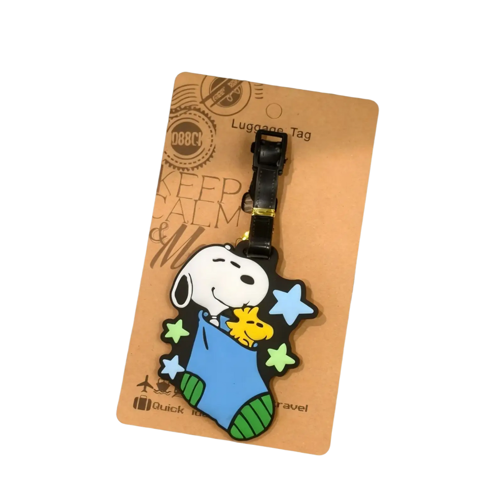 Snoopy luggage tag cute cartoon suitcase ID holder in black blue and green with yellow Woodstock sock design