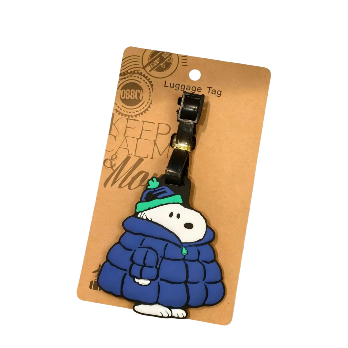 Blue puffer jacket snoopy luggage tag with green hat and black clip for cute cartoon suitcase ID holder