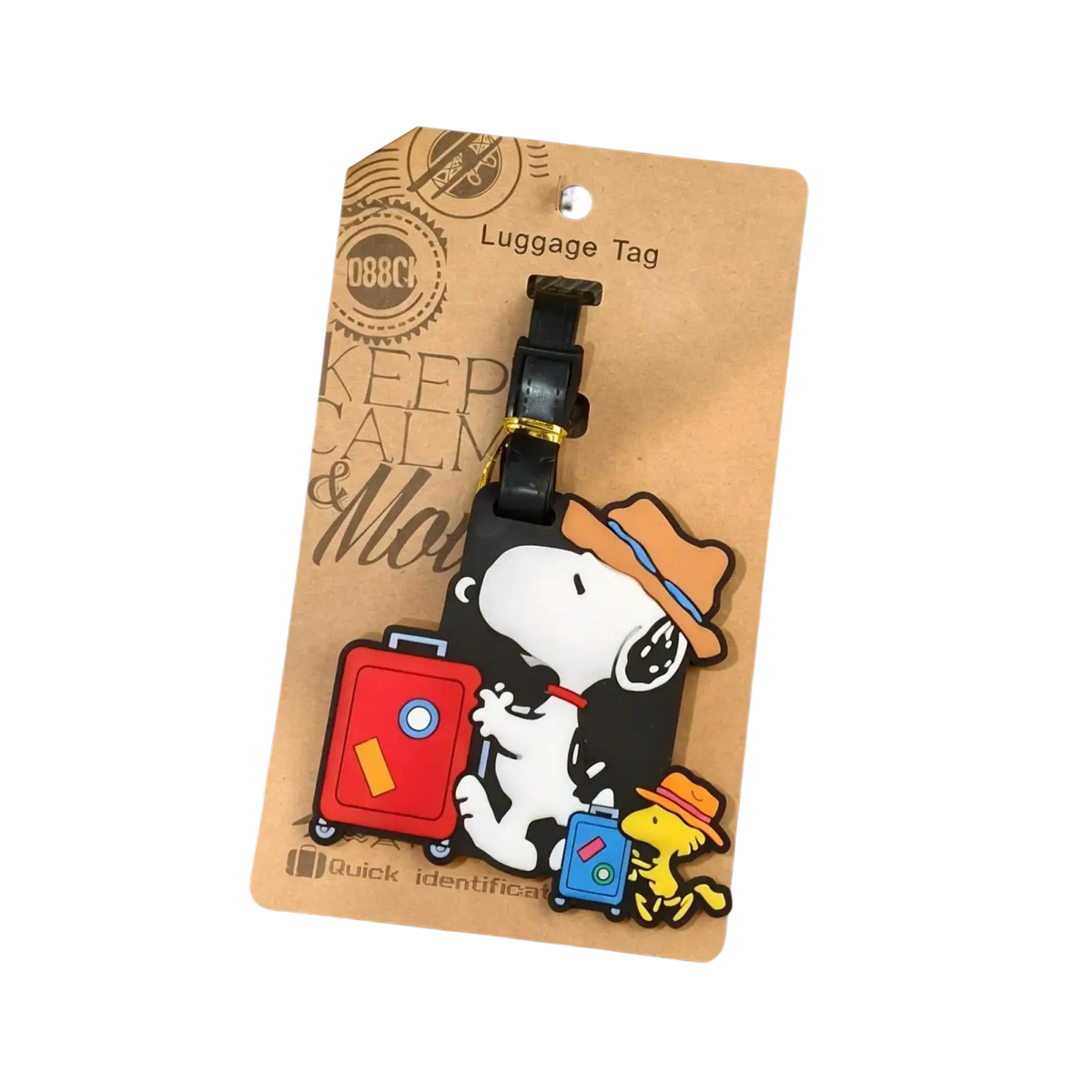 Snoopy luggage tag made of black rubber featuring a tan hat and red suitcase design with woodstock in matching hat