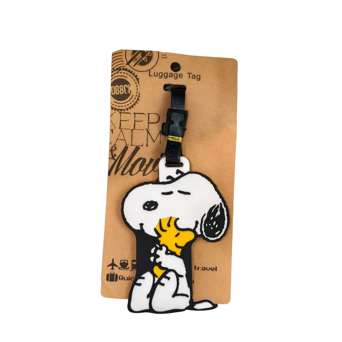 Snoopy luggage tag in white and black with yellow woodstock design made of soft rubber attached to brown cardboard backing