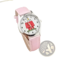 Pink leather strap snoopy quartz watch with white face featuring snoopy in red doghouse cartoon design