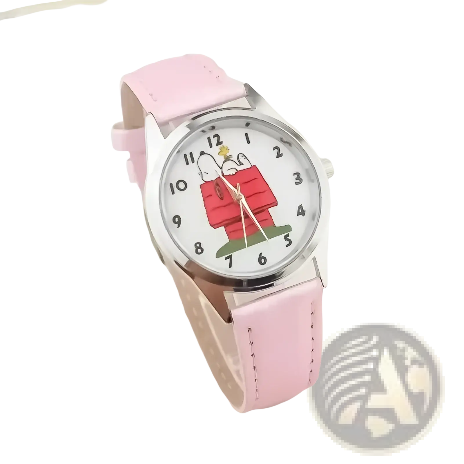 Pink leather strap snoopy quartz watch with white face featuring snoopy in red doghouse cartoon design