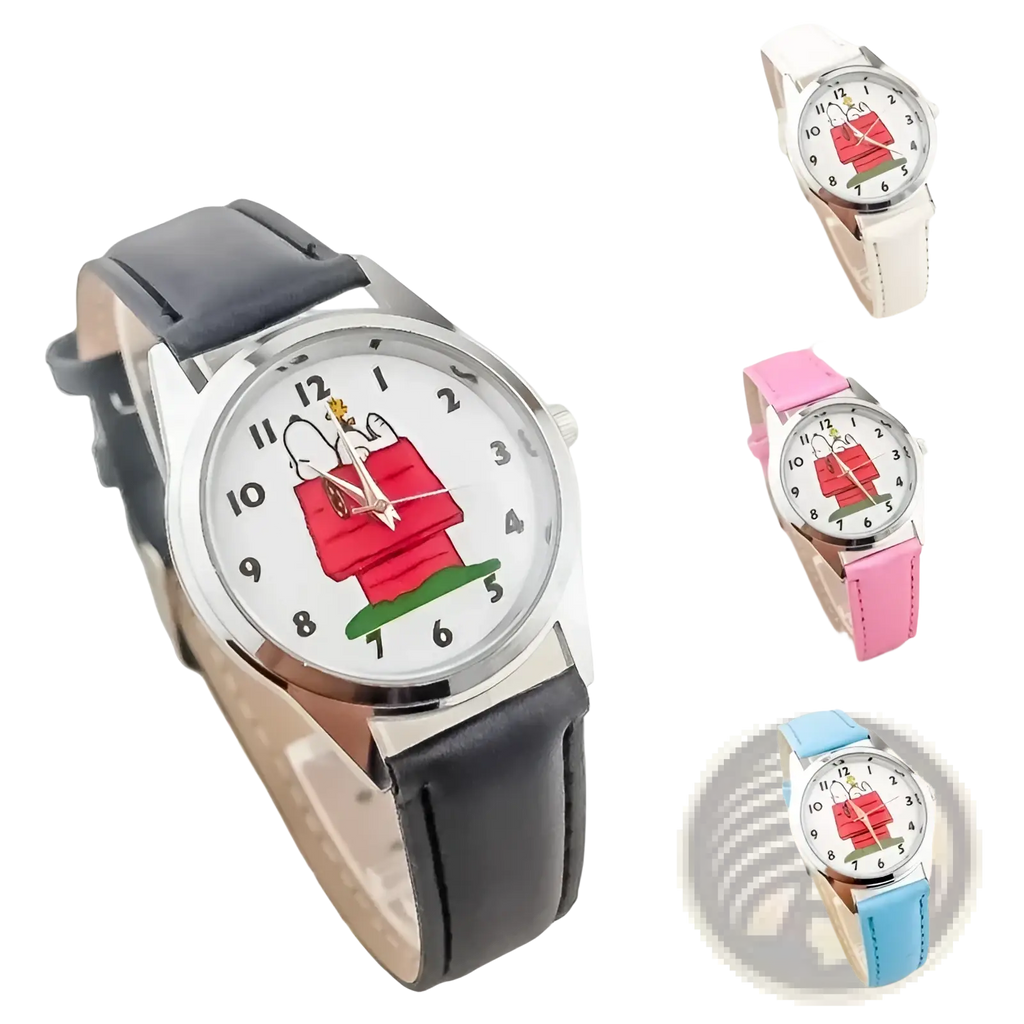Snoopy quartz watch with black leather strap and white face featuring Snoopy in his red doghouse cartoon design