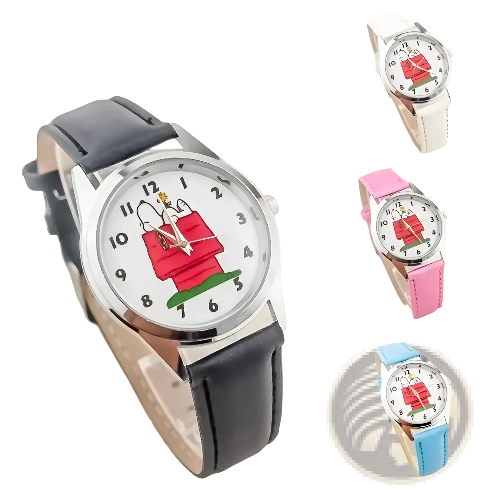 Snoopy quartz watch with black leather strap and white face featuring Snoopy in his red doghouse cartoon design