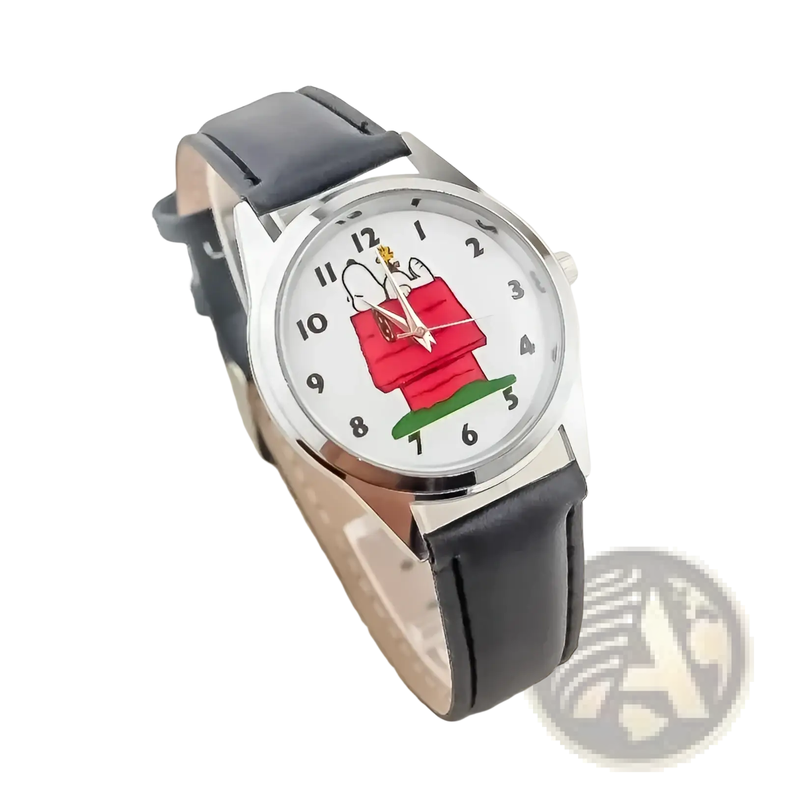 Black leather strap Snoopy quartz watch with white face featuring cartoon design for casual wear