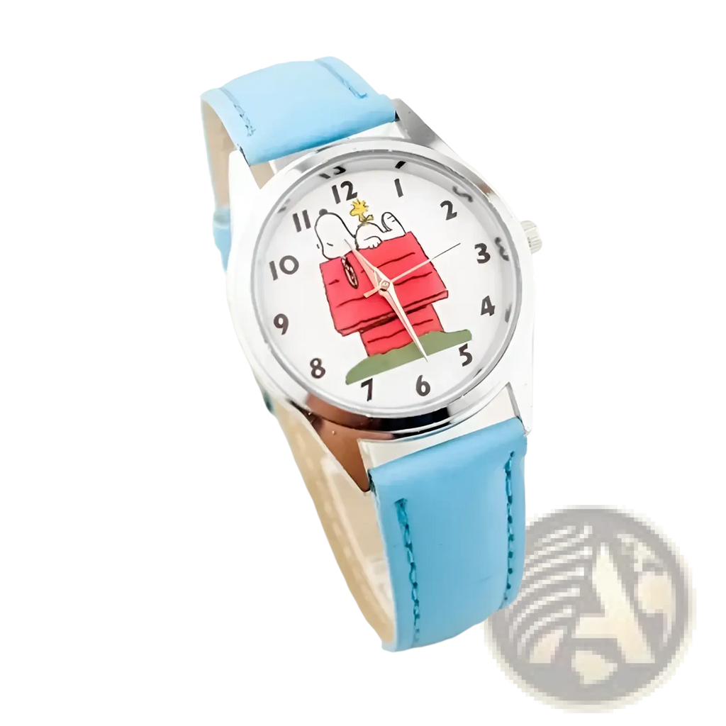 Light blue leather strap snoopy quartz watch with silver case and white face featuring snoopy in red doghouse