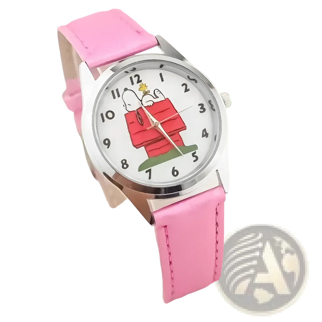 Snoopy quartz watch with pink leather strap silver case and white face featuring Snoopy in his red doghouse