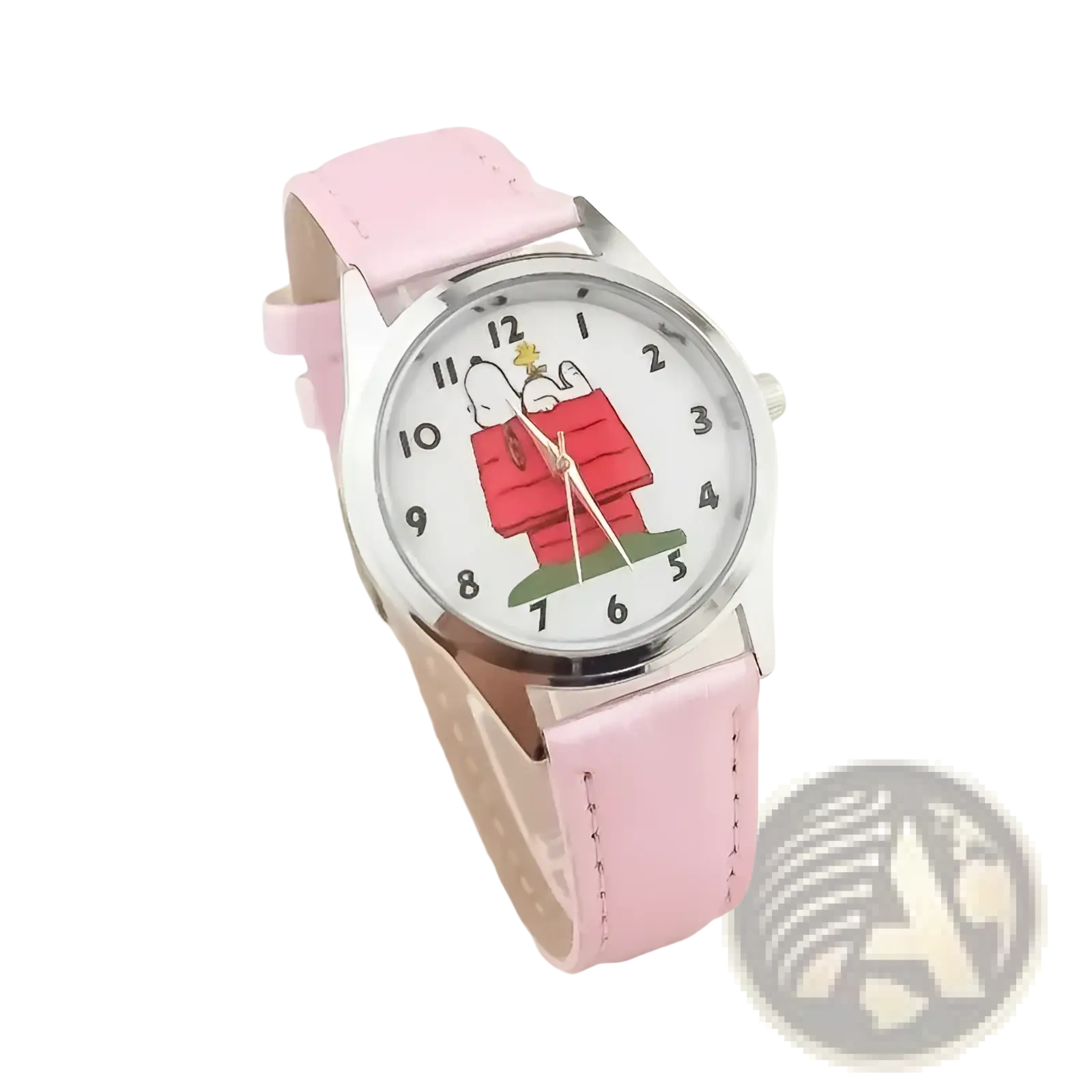 Snoopy quartz watch with pink leather strap and white face featuring Snoopy in his red doghouse