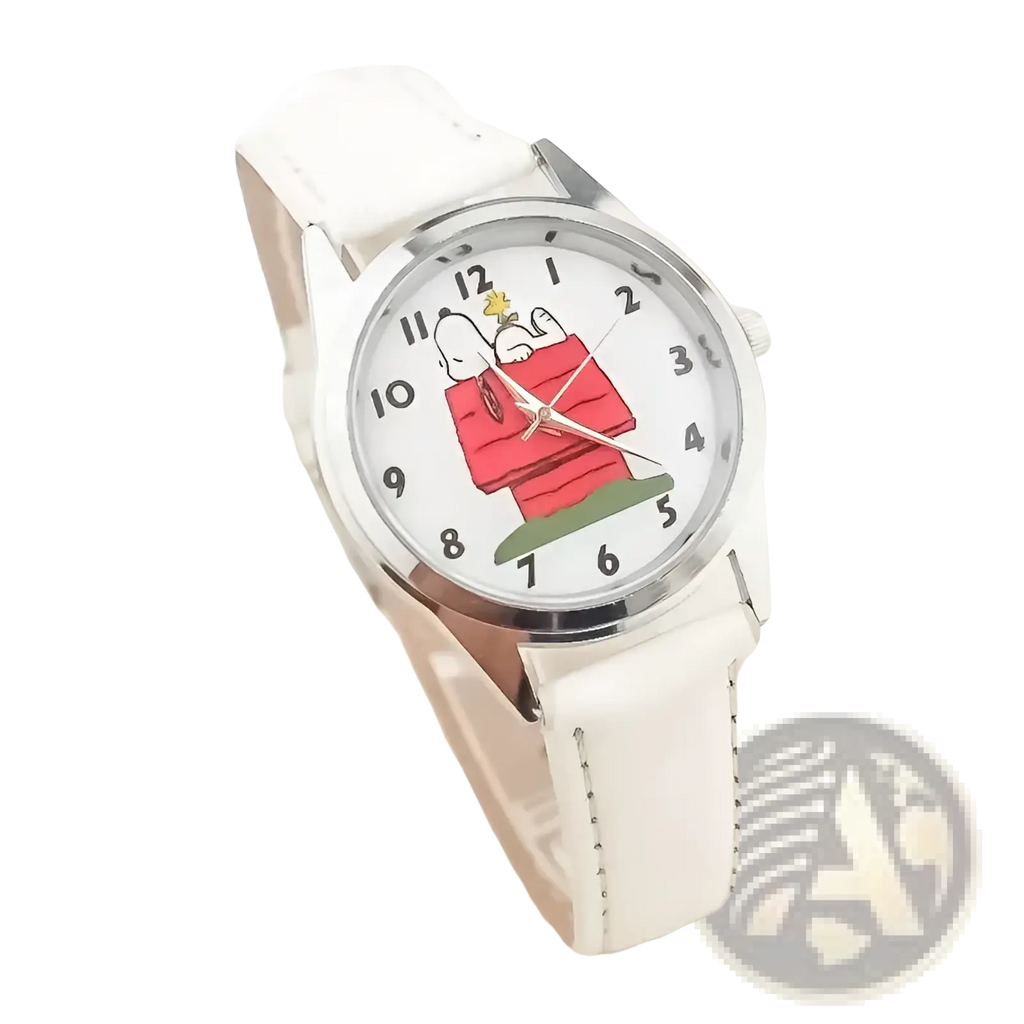 Snoopy quartz watch with white leather strap silver case and white dial featuring Snoopy in red doghouse
