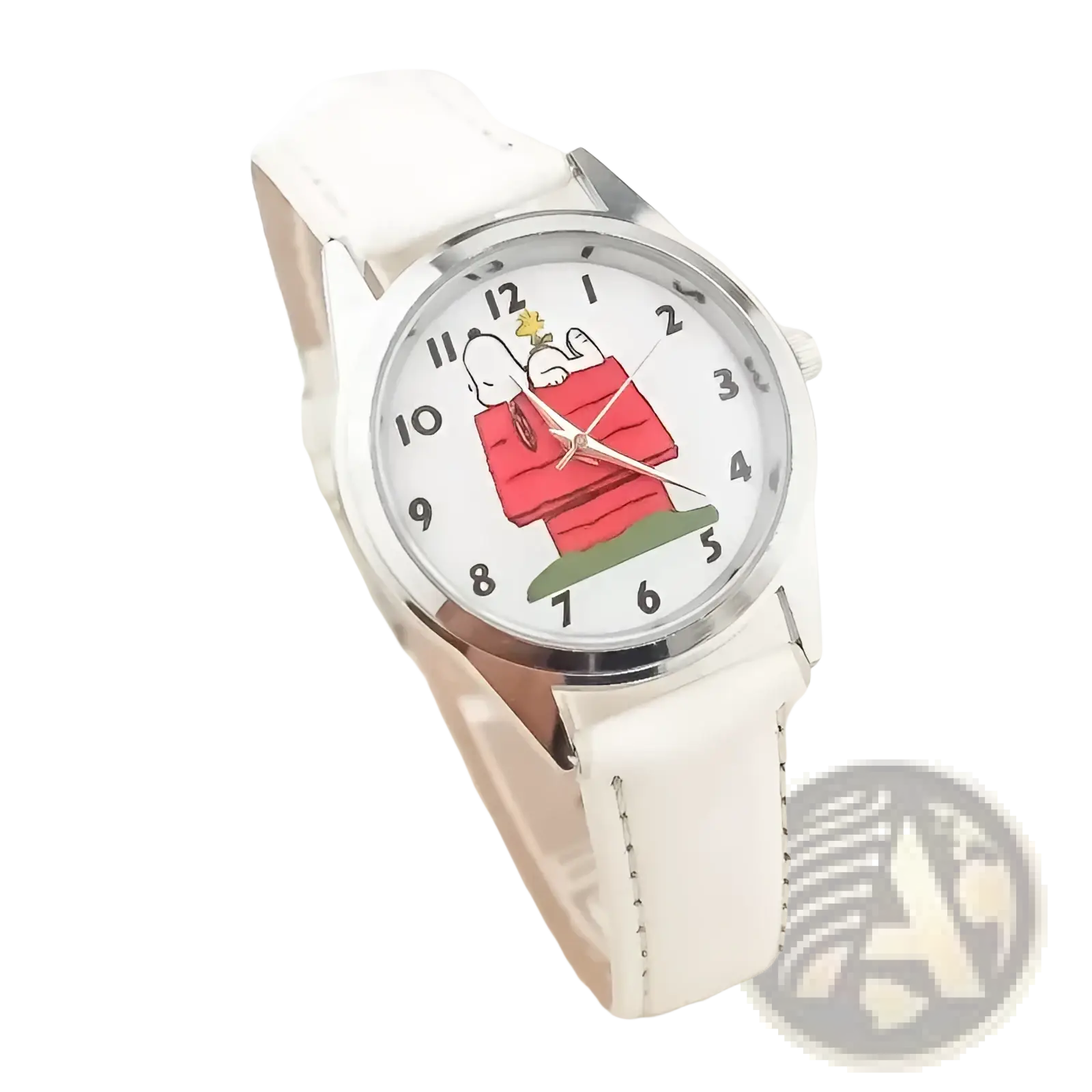 Snoopy quartz watch with white leather strap silver case and white dial featuring Snoopy in red doghouse