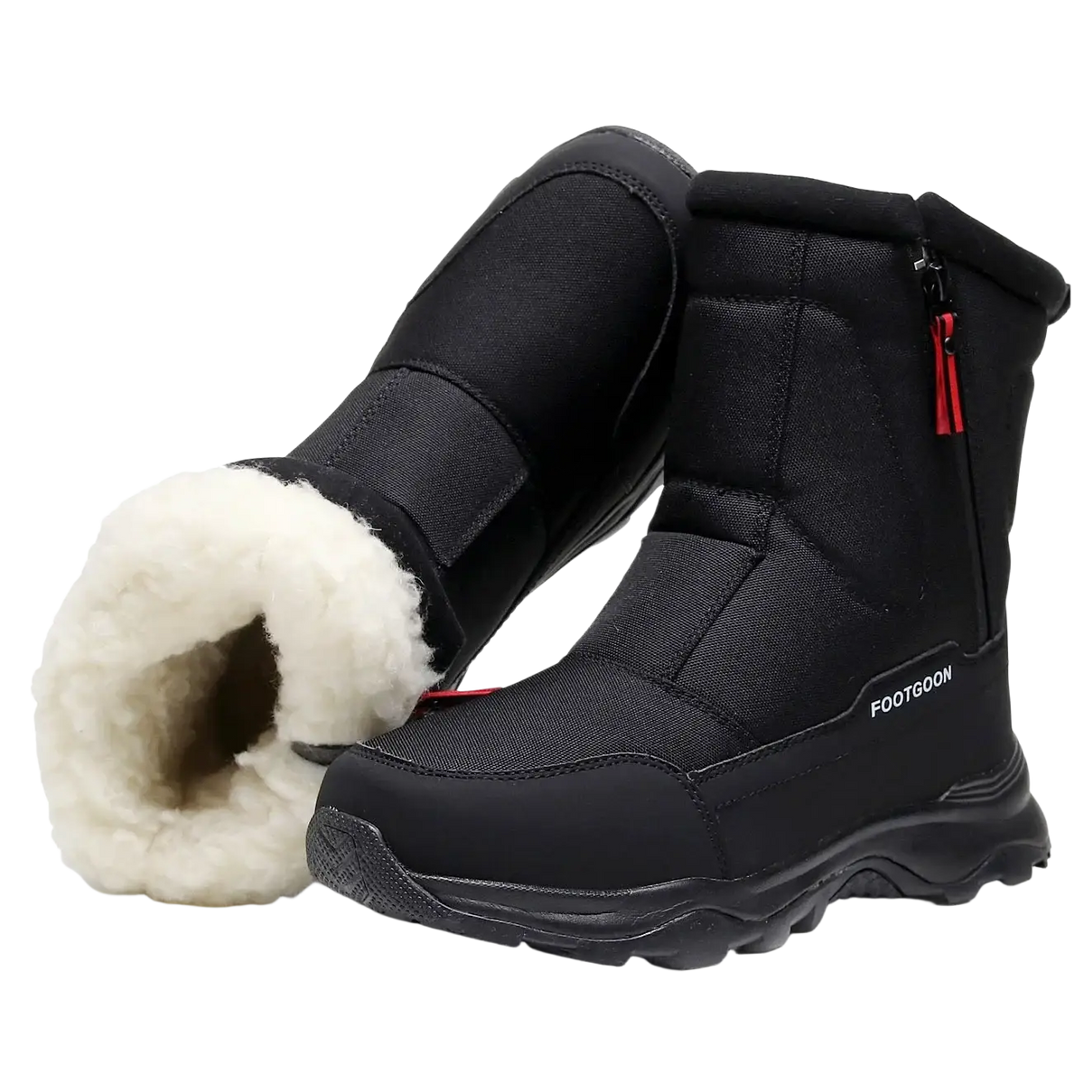 Black footgoon snow boots with warm ankle cotton lining and red zipper pull for waterproof winter use