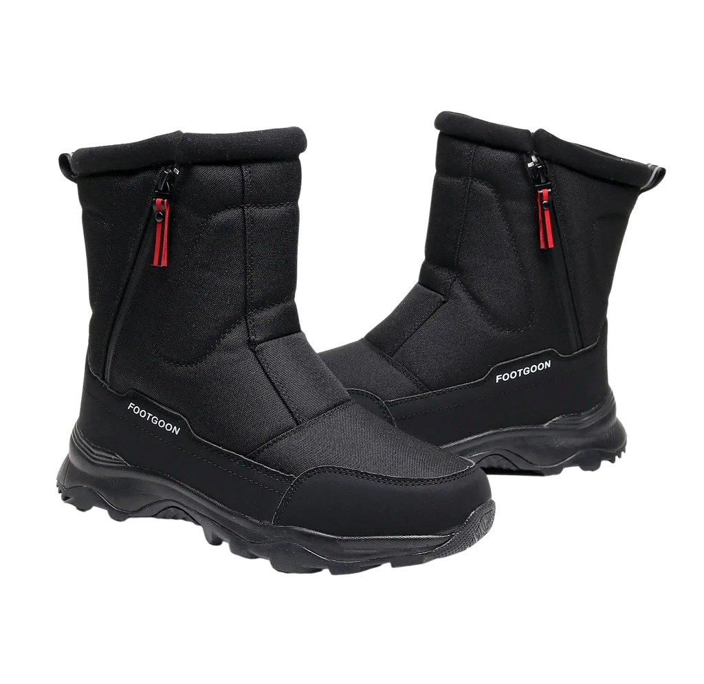 Black snow boots with warm ankle cotton shoes featuring red zipper pulls and rugged textured sole for winter use