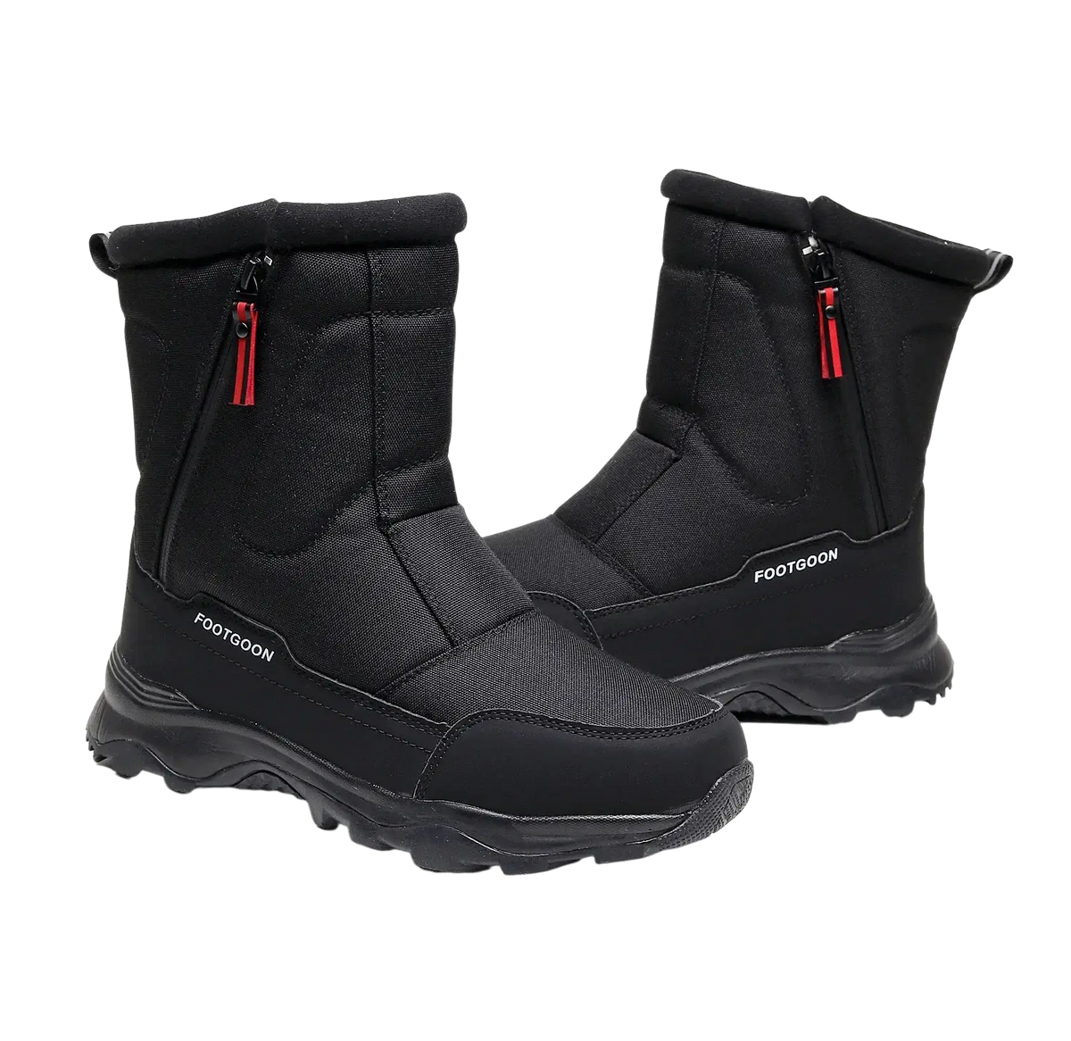 Black snow boots with warm ankle cotton shoes featuring red zipper pulls and rugged textured sole for winter use