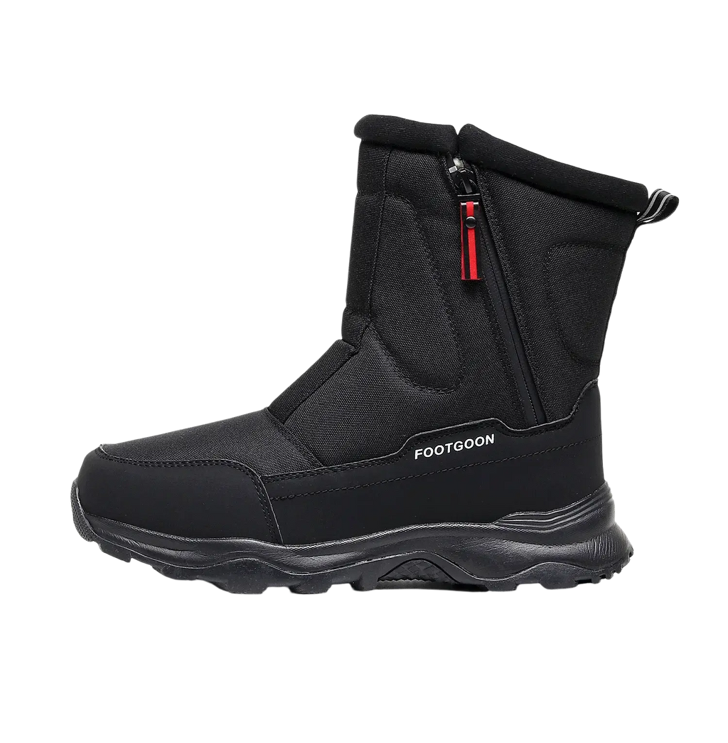Black footgoon snow boots with red zipper pull warm ankle cotton shoes featuring a textured rubber sole