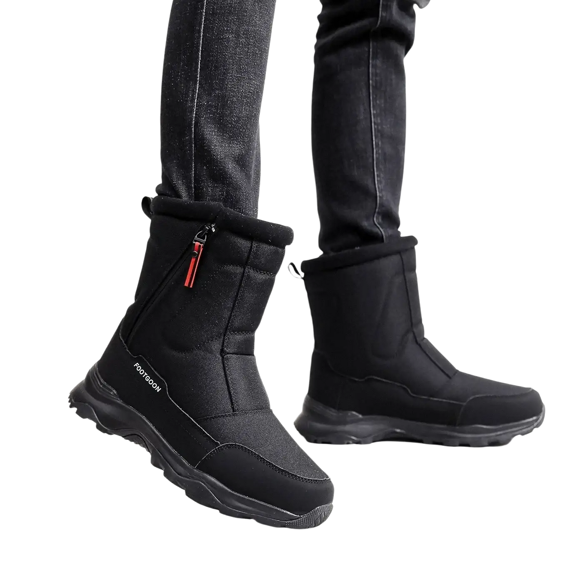 Black waterproof snow boots with warm ankle cotton lining textured rubber sole and footboon branding on the side