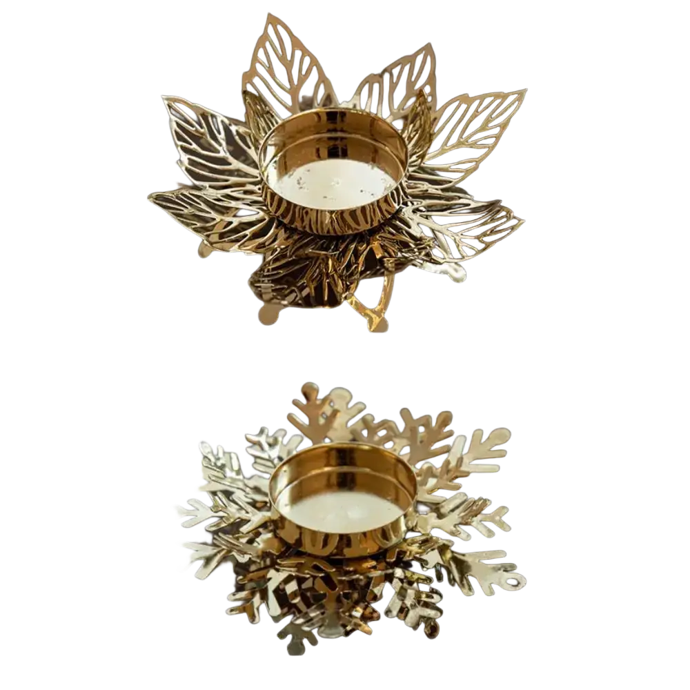 Gold-colored iron snowflake candle holder with intricate leaf design for elegant table decor