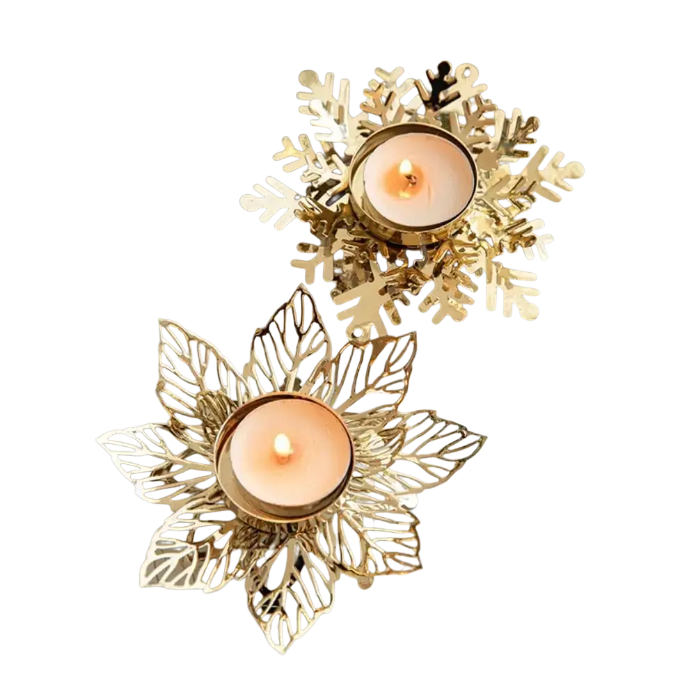 Golden iron snowflake candle holders shaped like snowflake and leaves with lit tea lights for table decoration