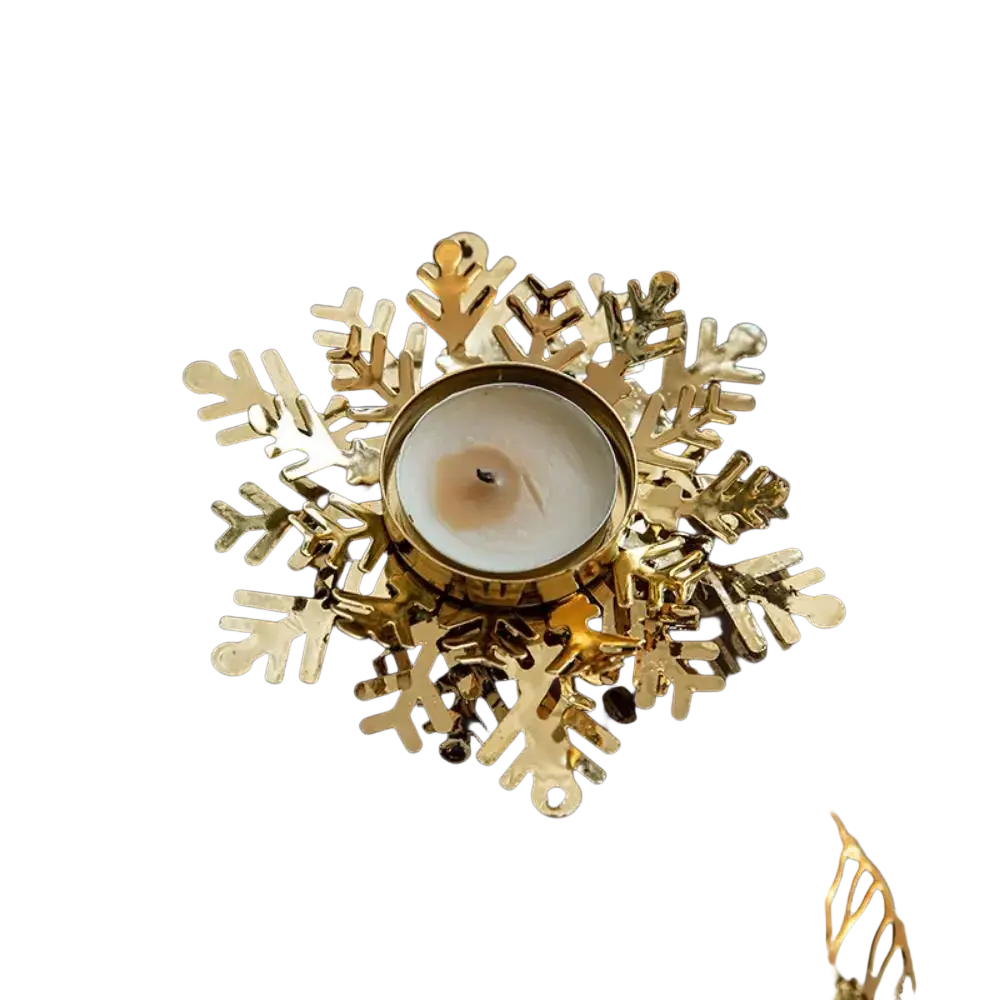 Gold metallic iron snowflake candle holder with lit tea light for decorative snowflake candle holders tablepiece