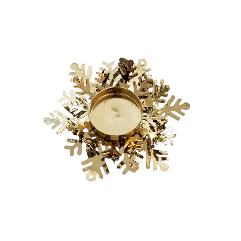 Gold metallic iron snowflake candle holder with central tealight cup for decorative table use