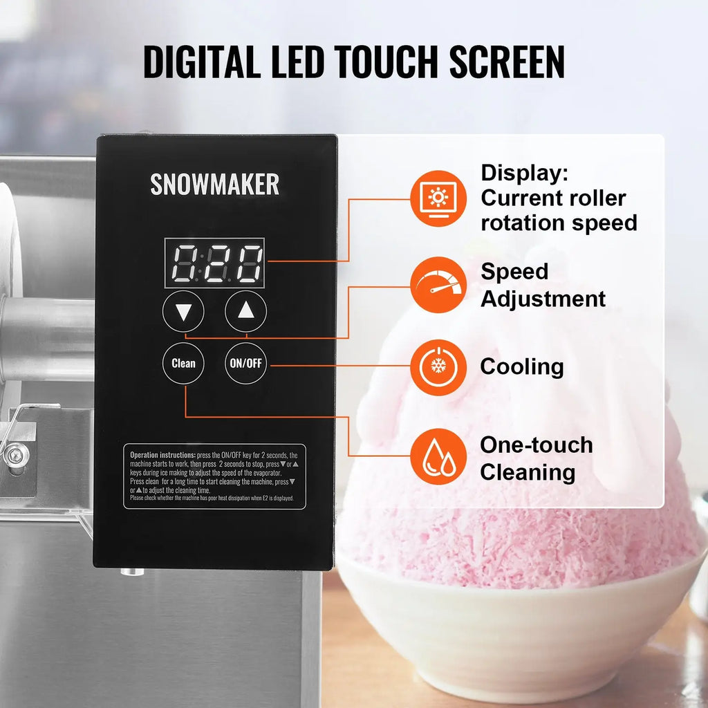 Black digital LED touch screen control panel with white illuminated buttons for snowflake ice machine 375lbs stainless steel maker