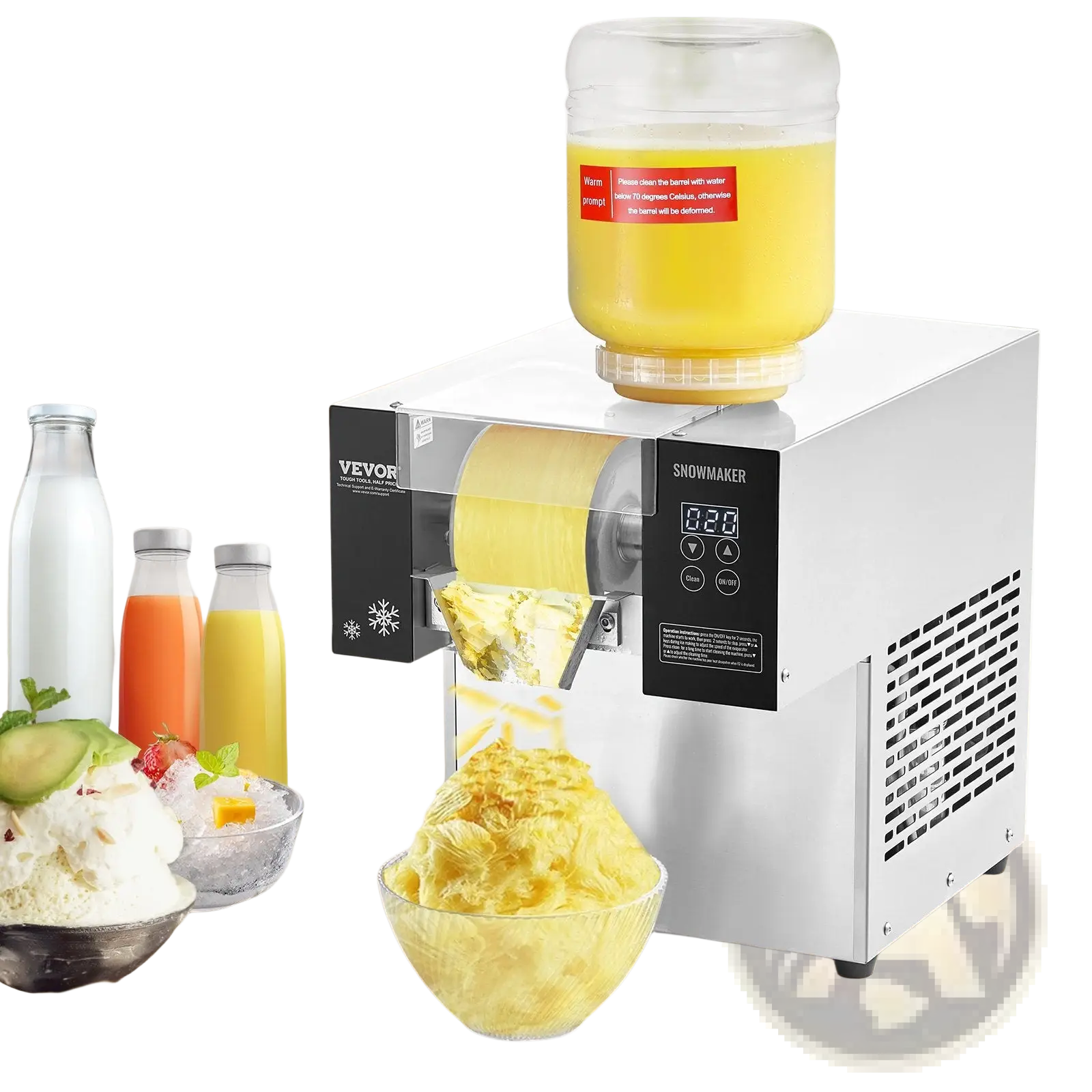 White stainless steel Vevor snowmaker snowflake ice machine with digital display and yellow liquid reservoir