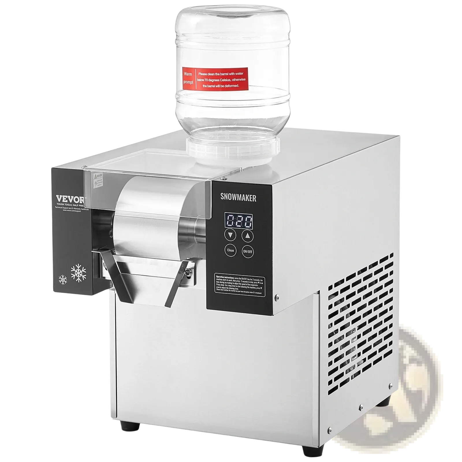 Silver stainless steel vevor snowmaker with digital display and clear water reservoir for snowflake ice machine 375lbs