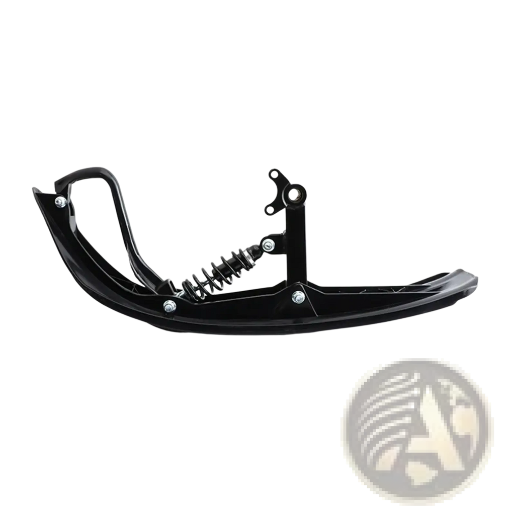 Black motorcycle snowboard with spring mechanism and metal mounting hardware for snowmobile conversion kit