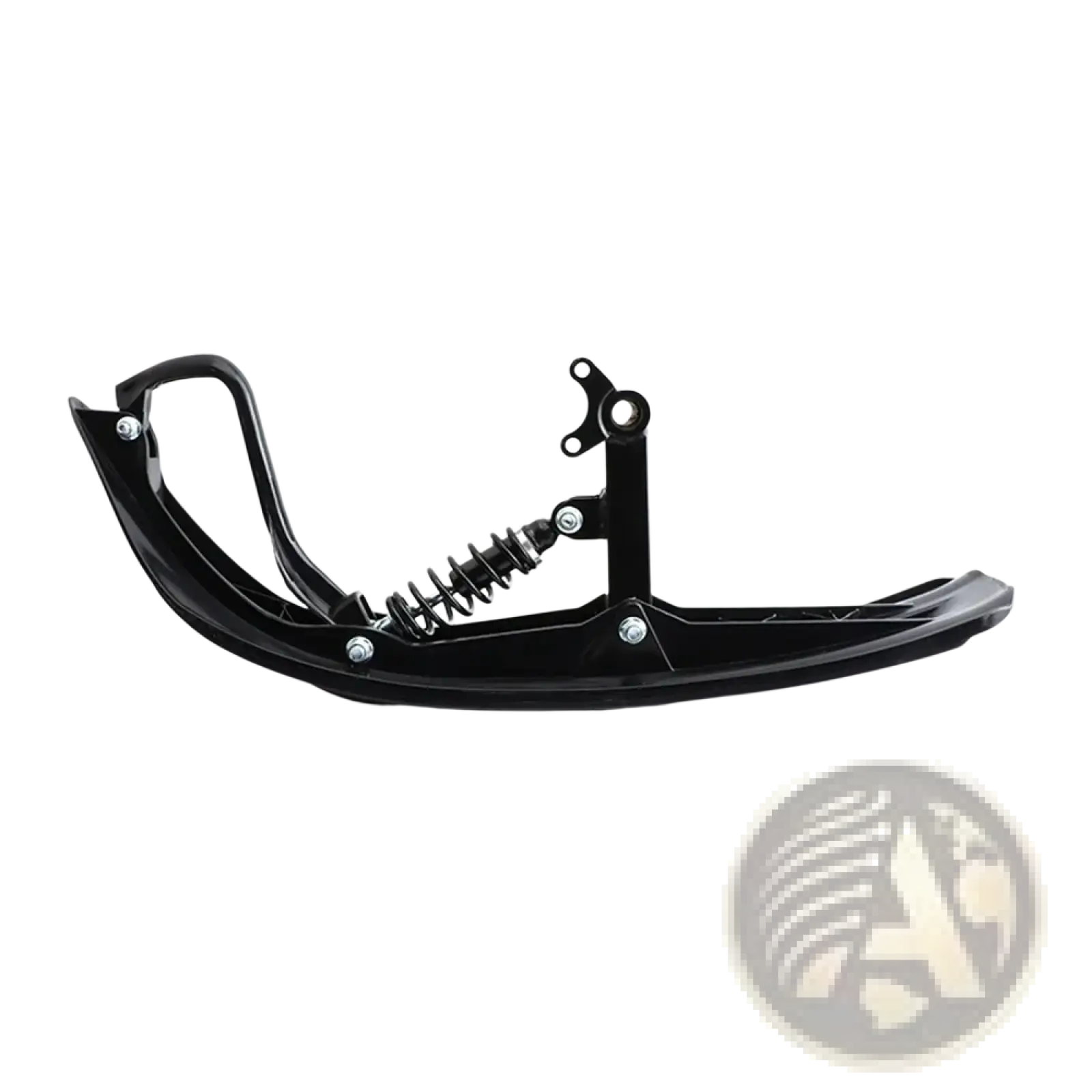 Black motorcycle snowboard with spring mechanism and metal mounting hardware for snowmobile conversion kit