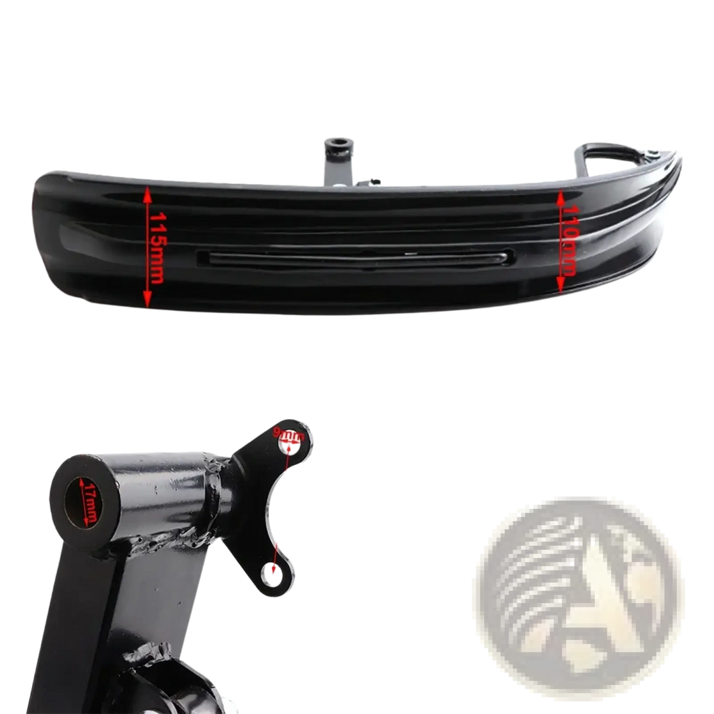 Black glossy plastic motorcycle front fender with integrated mounting bracket for snowmobile conversion kit use