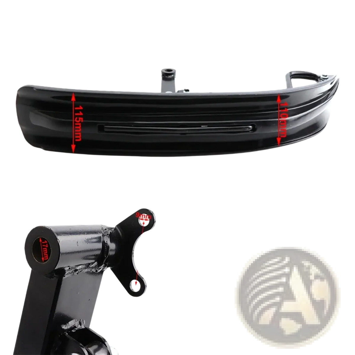 Black glossy plastic motorcycle front fender with integrated mounting bracket for snowmobile conversion kit use