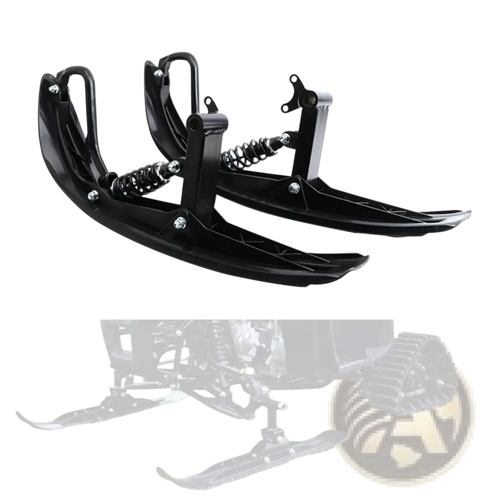 Black metal snowmobile skis with spring suspension for motorcycle and atv track conversion kit visible from backside