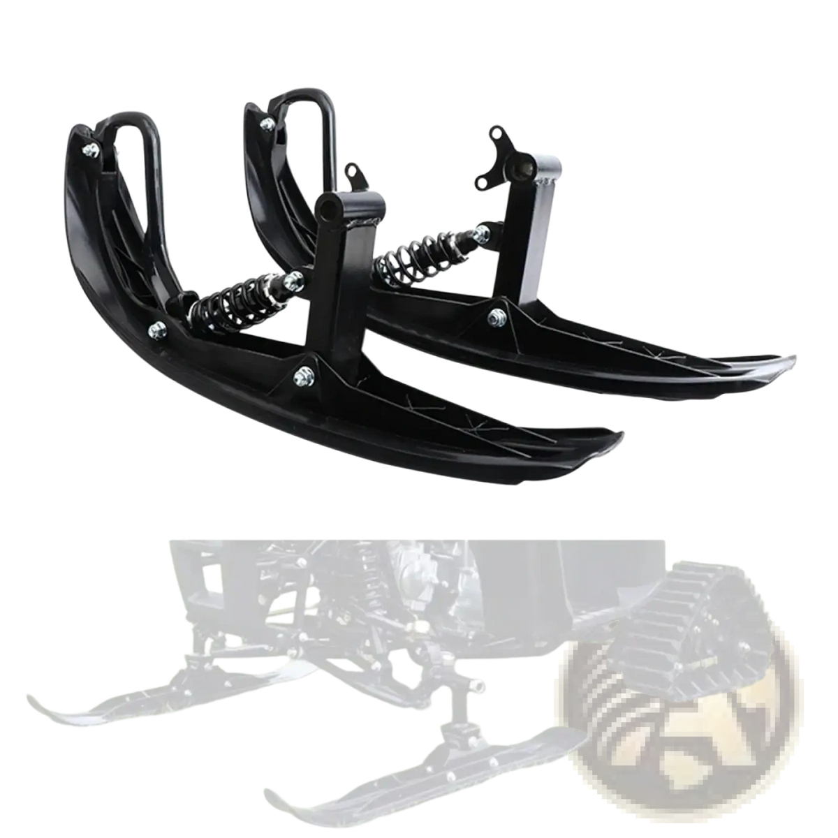Black metal snowmobile skis with spring suspension for motorcycle and atv track conversion kit visible from backside