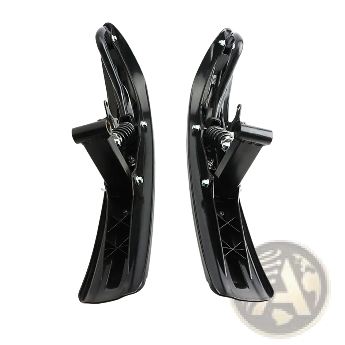 Black plastic snowshoe crampons with metallic spring mechanisms for snowmobile conversion kit on motorcycle and atv tracks