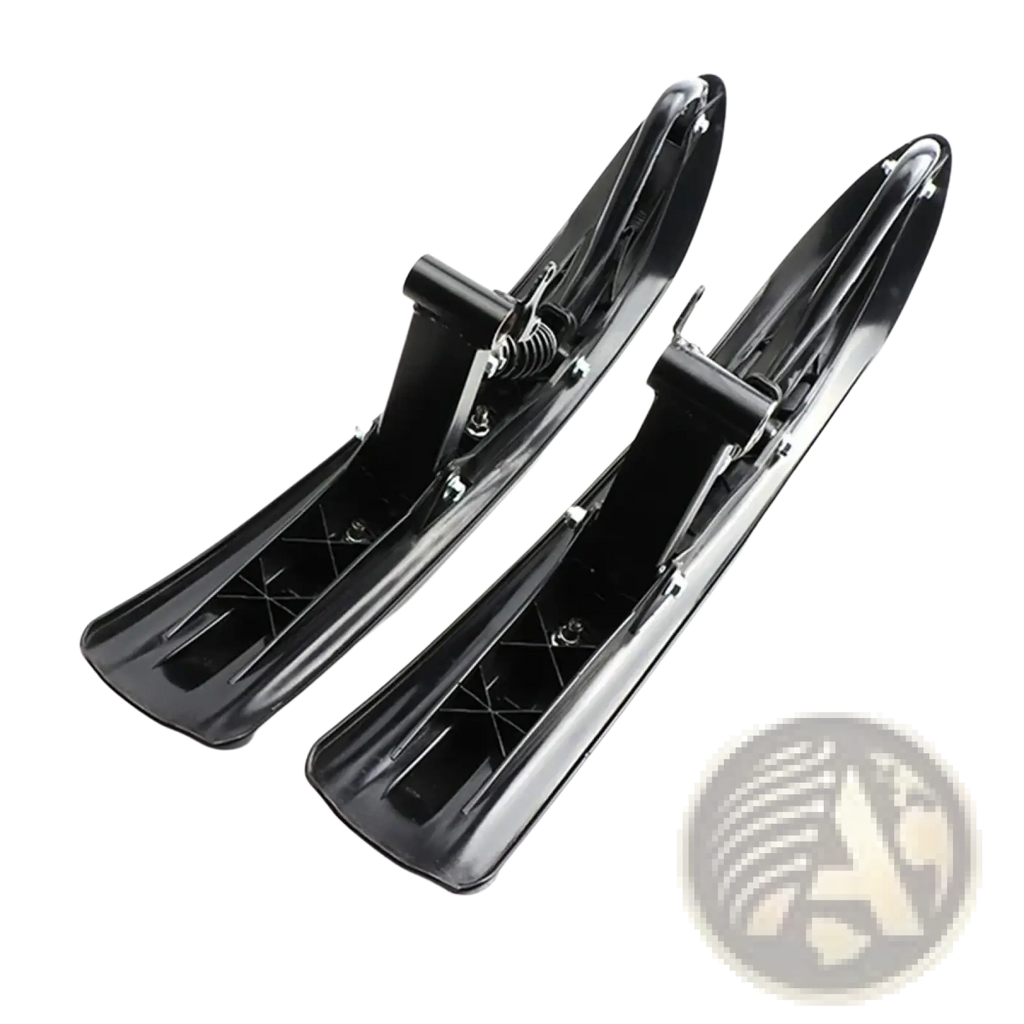 Black plastic snowshoes with metal spring mechanisms and reinforced supports for snowmobile conversion kit tracks