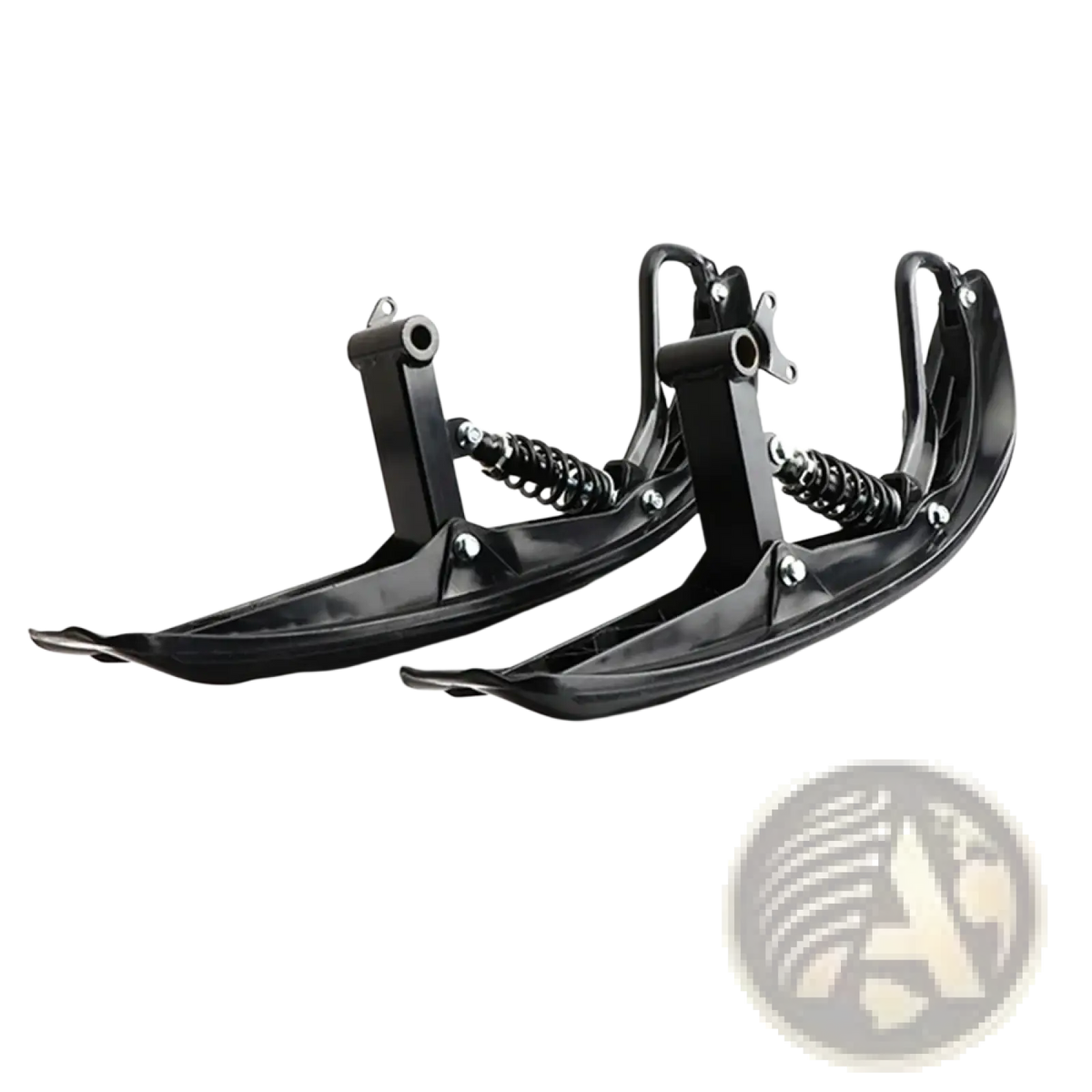 Black motorcycle snow skis with spring-loaded suspension and mounting hardware for snowmobile conversion kit