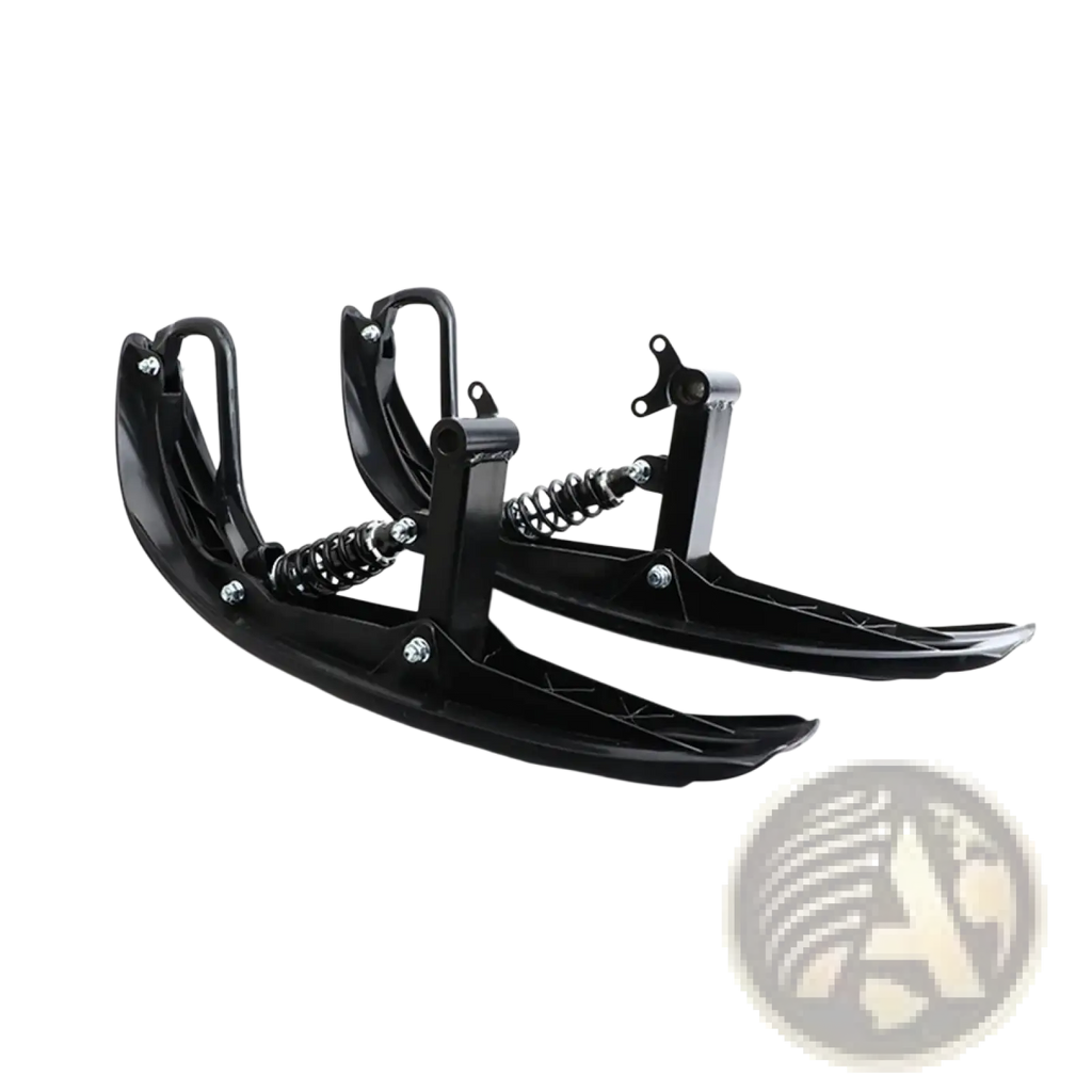 Black motorcycle snow skis with spring-loaded suspension and aerodynamic design in snowmobile conversion kit