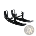 Black motorcycle snow skis with spring-loaded suspension and aerodynamic design in snowmobile conversion kit