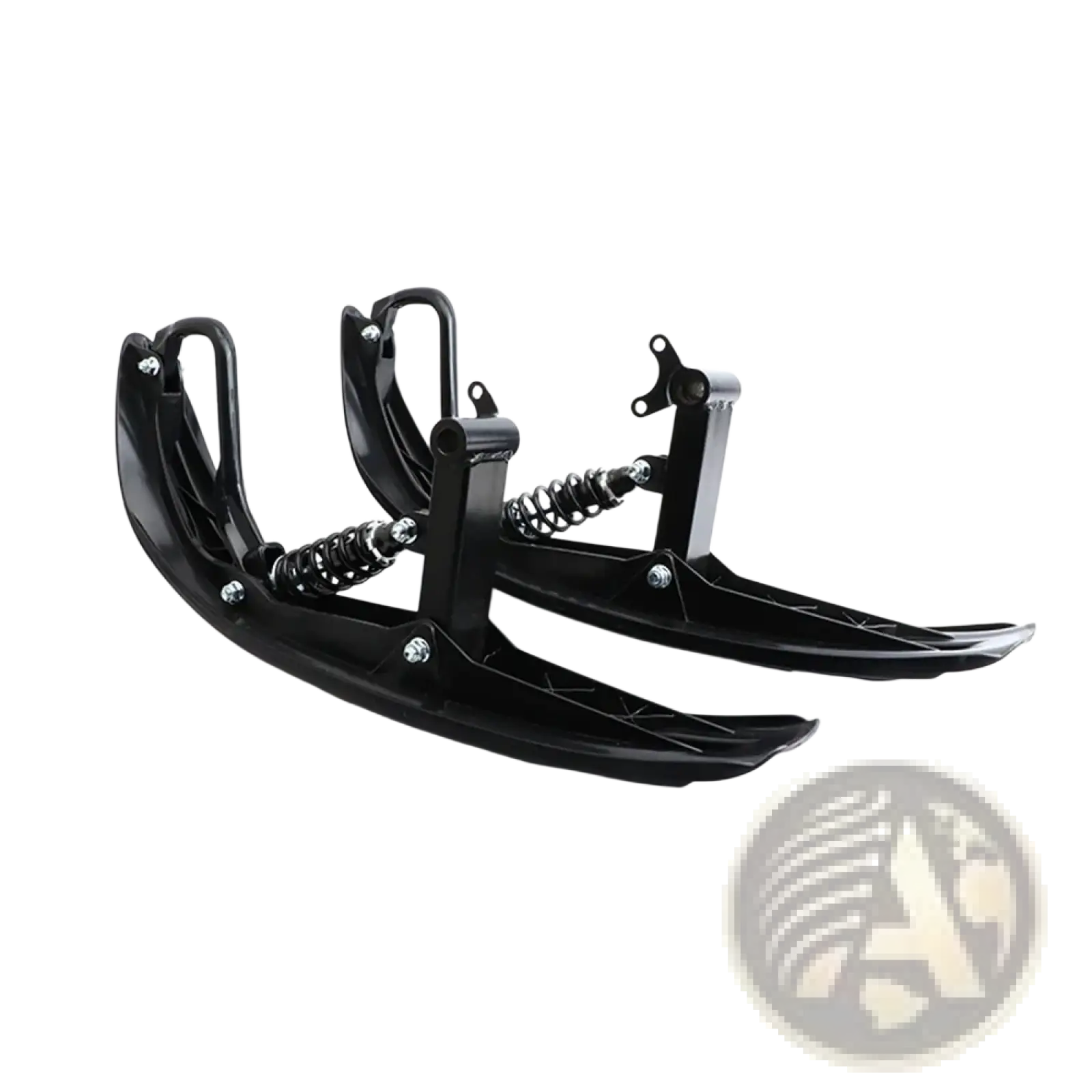 Black motorcycle snow skis with spring-loaded suspension and aerodynamic design in snowmobile conversion kit