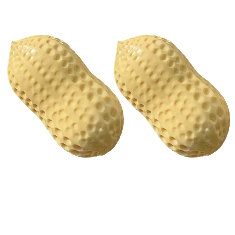 Two beige textured plastic soap balls shaped as peanuts for stress relief and fidget toy use